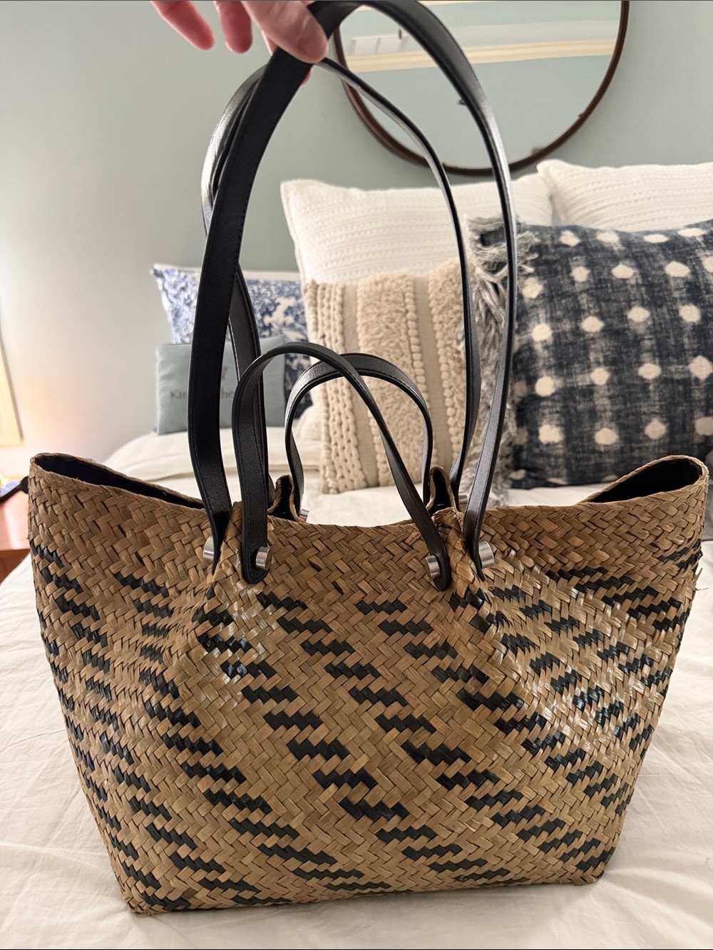 All Saints Natural Straw Tote with Black Leather Handles